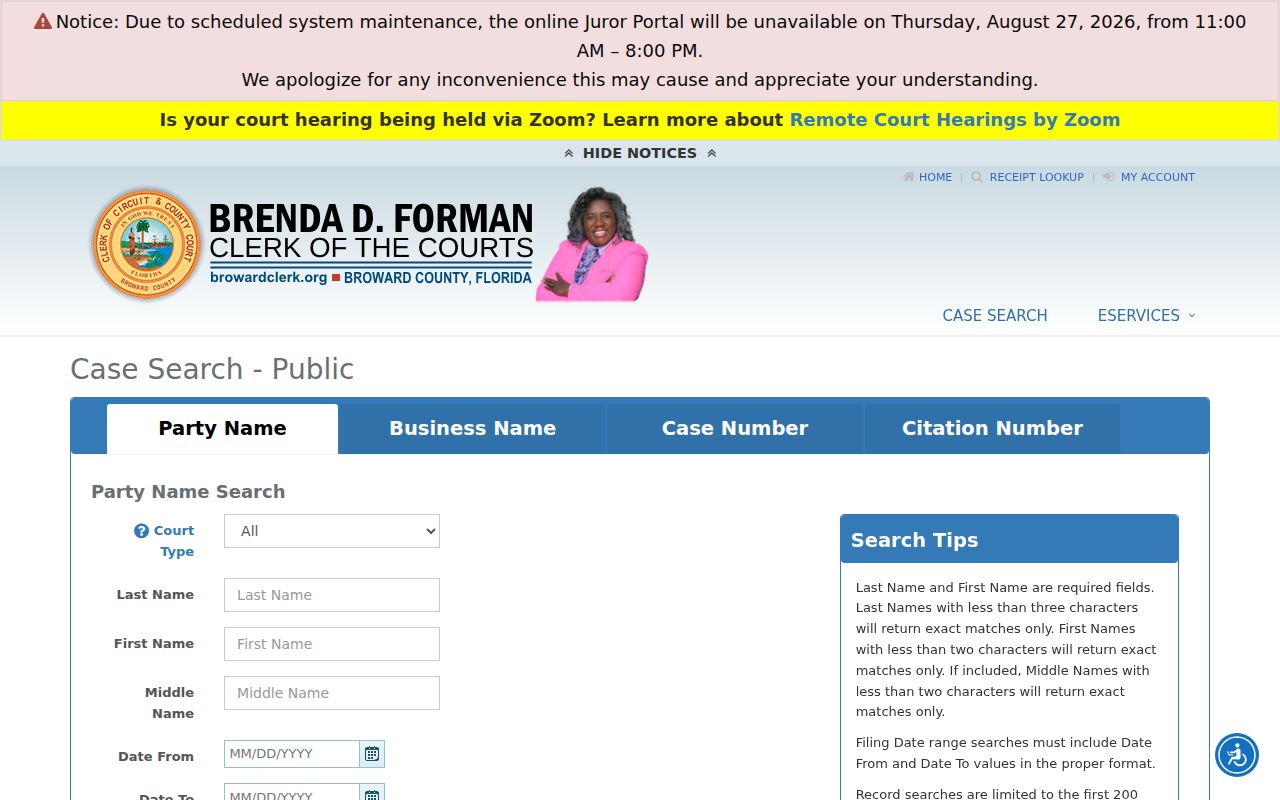 Broward Clerk case search for checking a Parkland name