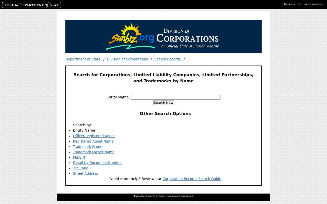 Sunbiz business name search used to confirm a Parkland affiliation