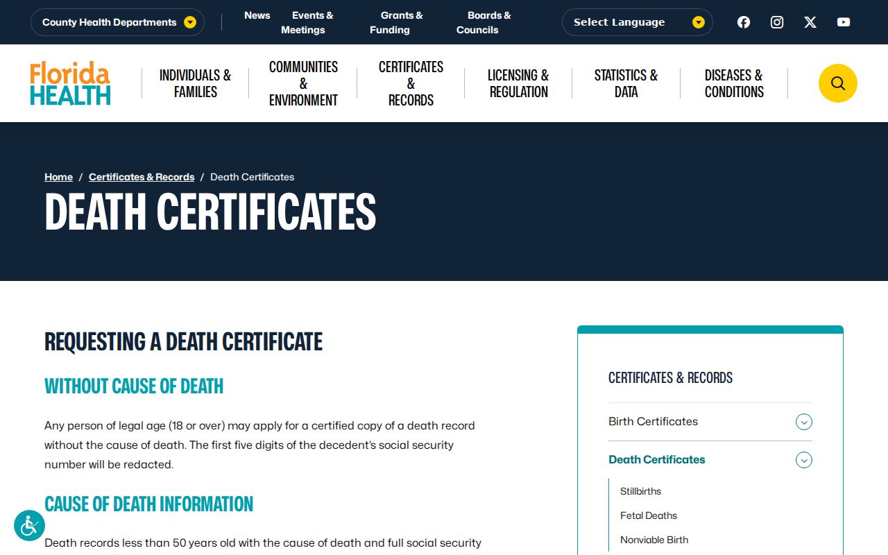Florida death certificate page used for Parkland previous-resident research