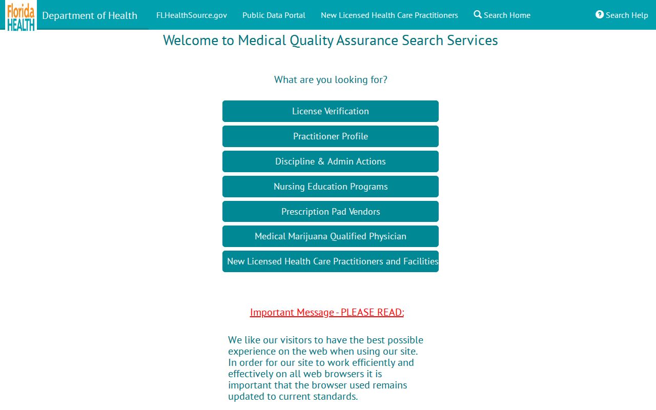 Florida MQA health license search for Parkland resident verification